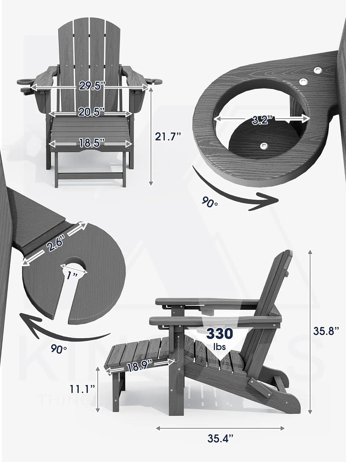 Mdeam 3-Level Adjustable Adirondack Chair with Retractable Ottoman & 2 Cup Holders