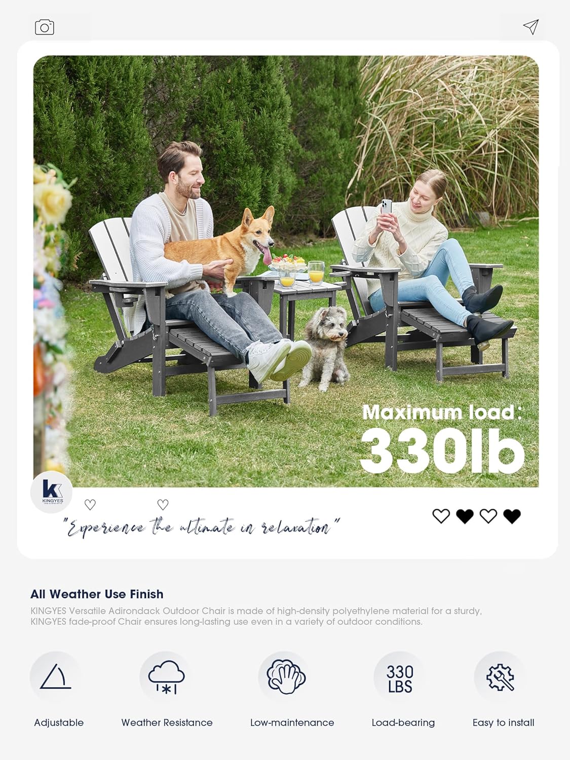 Mdeam 3-Level Adjustable Adirondack Chair with Retractable Ottoman & 2 Cup Holders