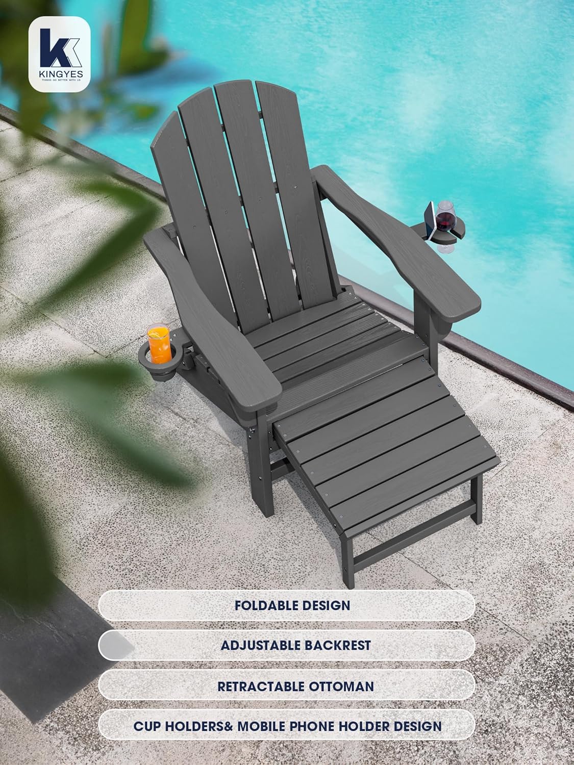 Mdeam 3-Level Adjustable Adirondack Chair with Retractable Ottoman & 2 Cup Holders