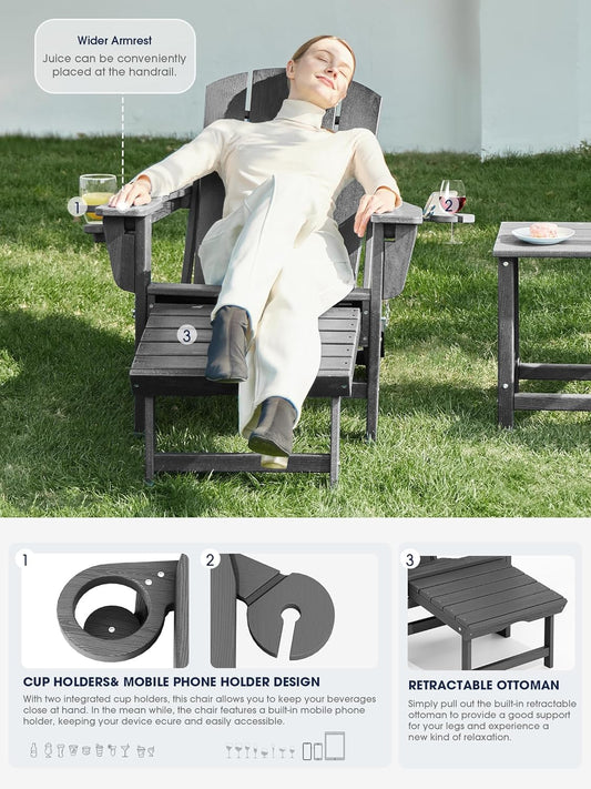 Mdeam 3-Level Adjustable Adirondack Chair with Retractable Ottoman & 2 Cup Holders